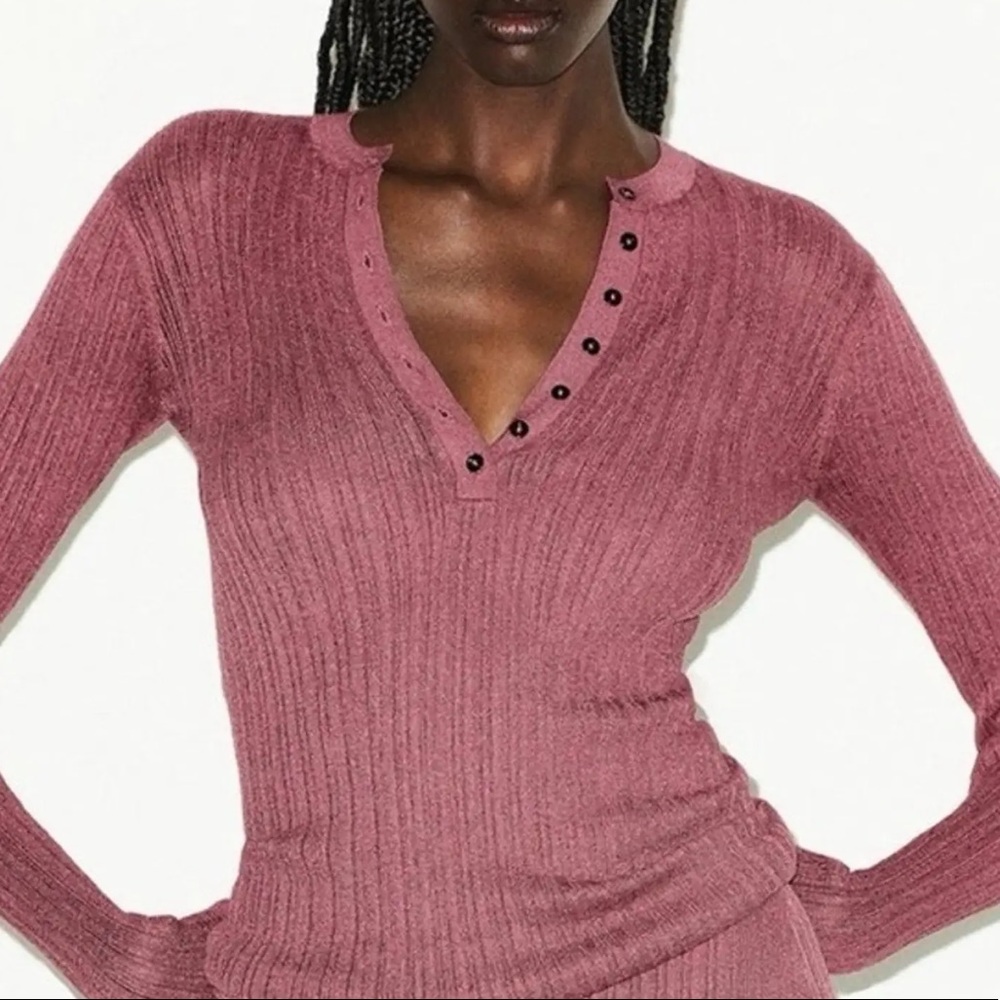 SKIMS Sheer Knit Long Sleeve Henley in BEET size XXS